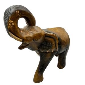 Elephant Sculpture Hand Carved Wooden Raised Trunk Lucky Piece Thailand 11"